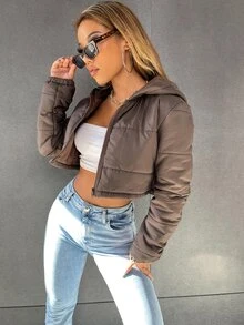 SHEIN MOOSTA Zip Up Hooded Crop Padded Padded Coat Clothes Winter - Brown - View 5