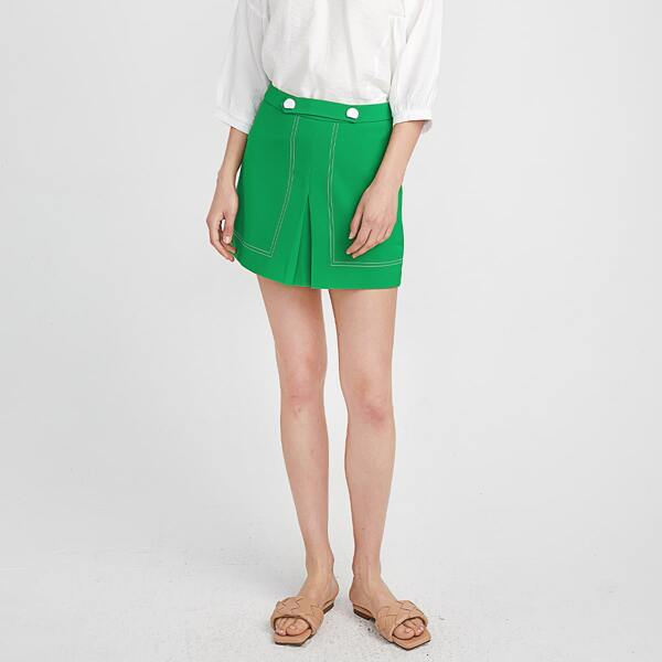 

Topstitching Fold Pleated Detail Skirt, Green