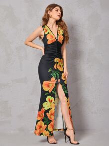 SHEIN Clasi Vestido con estampado floral fruncido de muslo con abertura - Multicolor - Ver 3