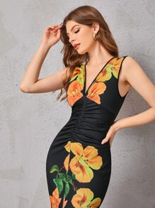 SHEIN Clasi Vestido con estampado floral fruncido de muslo con abertura - Multicolor - Ver 5