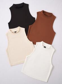 Flirla 4 piezas Top tank unicolor tejido de canalé