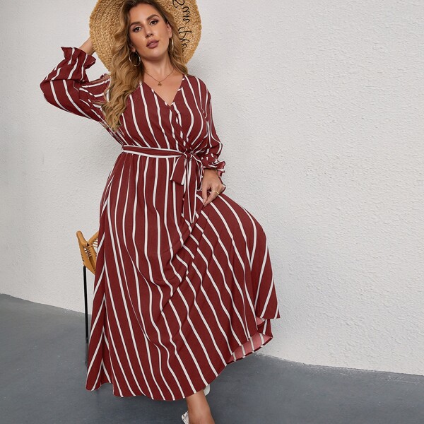 

Plus Striped V-neck Flounce Sleeve Belted Dress, Burgundy
