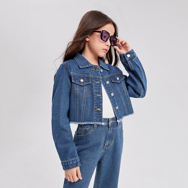 

Girls Flap Pocket Ripped Raw Hem Denim Jacket, Medium wash