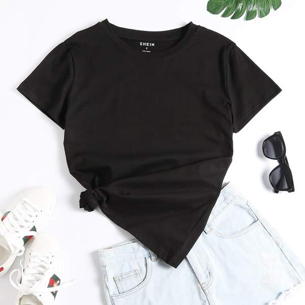 

Solid Round Neck Short Sleeve Tee, Black