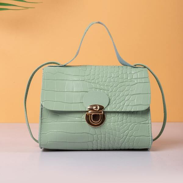

Croc Embossed Push Lock Satchel Bag, Green