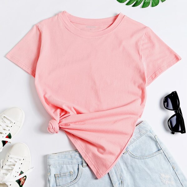

Solid Round Neck Short Sleeve Tee, Pink