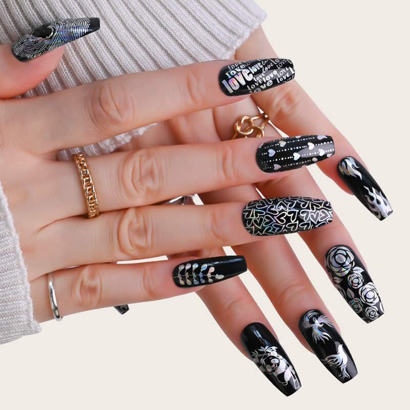 

10pcs Heart Pattern Laser Nail Art Sticker, Silver