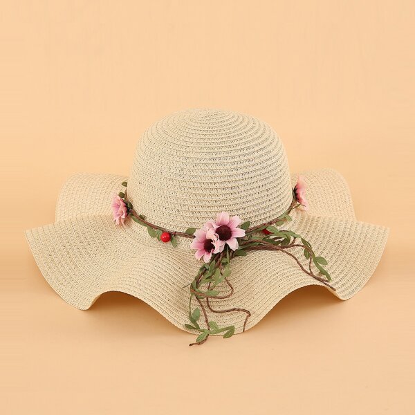 

Flower Decor Straw Hat, Beige