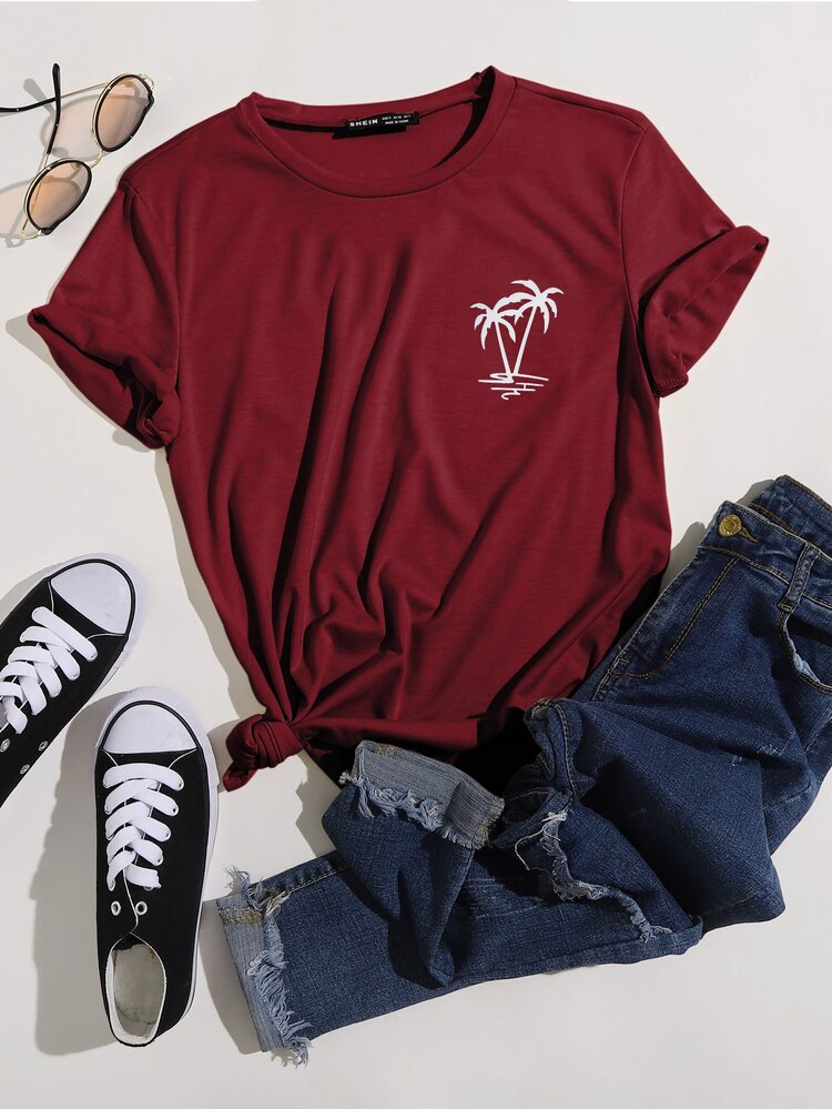 Plants Print Round Neck Tee - Burgundy - View 1