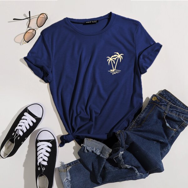 

Plants Print Round Neck Tee, Navy blue