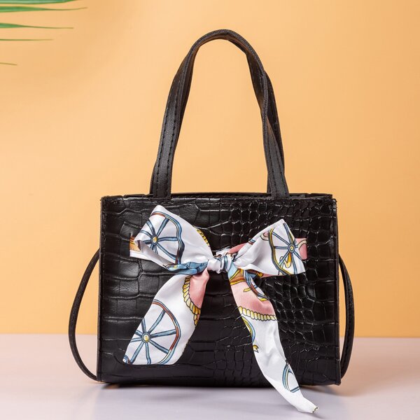 

Twilly Scarf Croc Embossed Satchel Bag, Black