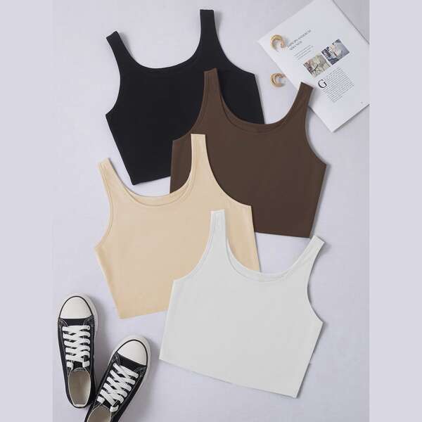 

4pcs Plus Solid Crop Tank Top, Multicolor