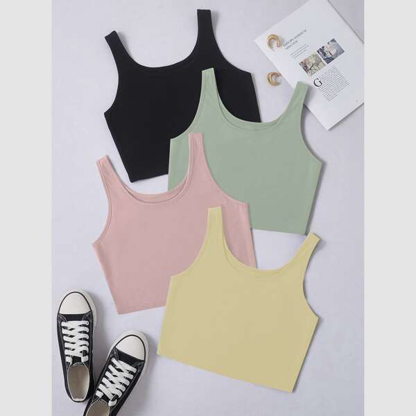 

4pcs Plus Solid Crop Tank Top, Multicolor