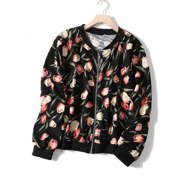 

Plus Floral Print Zip Up Bomber Jacket, Black