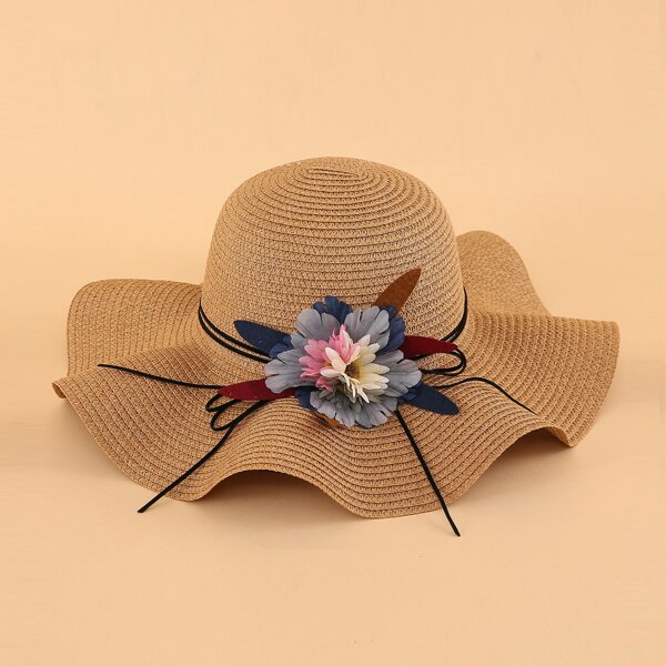 

Flower Decor Straw Hat, Khaki