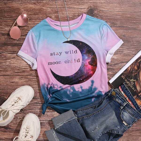 

Plus Slogan And Moon Print Tee, Multicolor