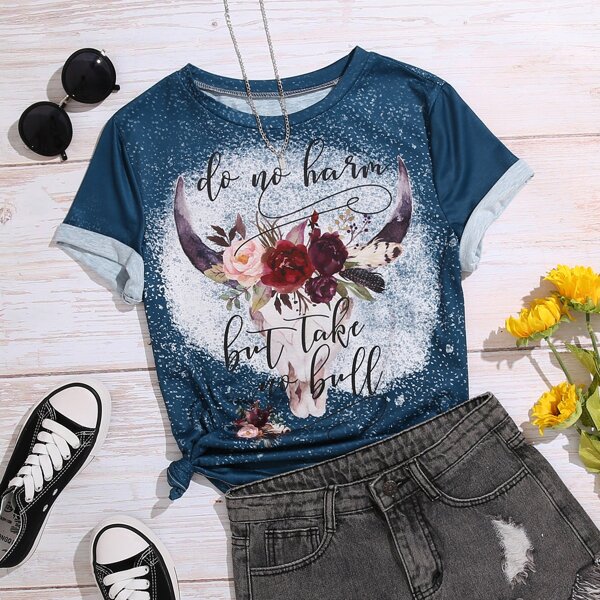 

Plus Floral And Slogan Graphic Tee, Teal blue