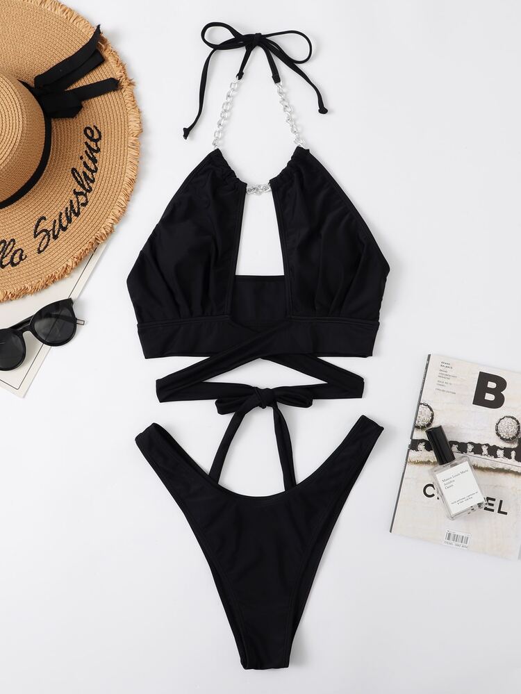 Bikini cạp cao có dây xích chắc chắn - màu đen - Xem 6