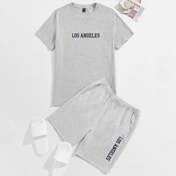 

Men Letter Graphic Tee & Track Shorts, Light grey