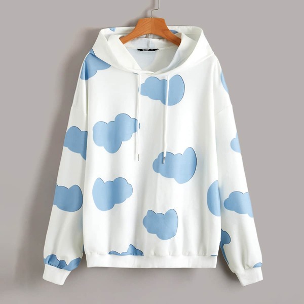 

Cloud Print Drop Shoulder Drawstring Hoodie, Blue and white