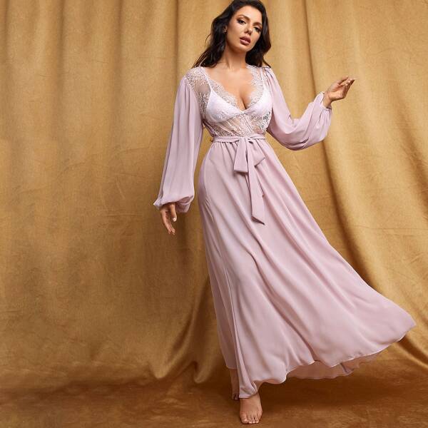 

Sheer Lace Bodice Lantern Sleeve Belted Dress, Baby pink