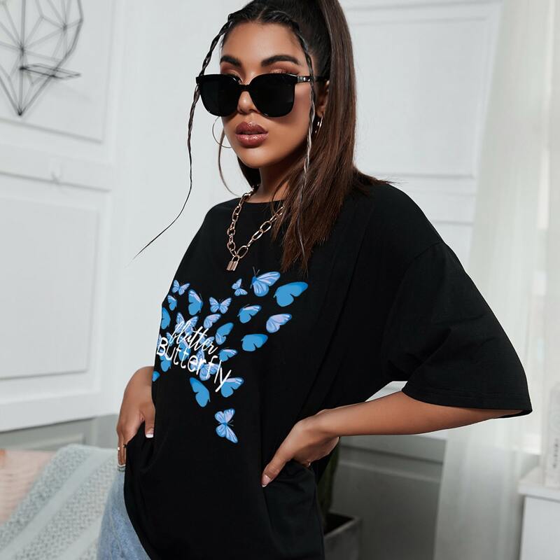 

Butterfly & Letter Graphic Oversized Tee, Black
