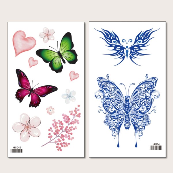 

2sheets Flower & Butterfly Pattern Tattoo Sticker, Multicolor