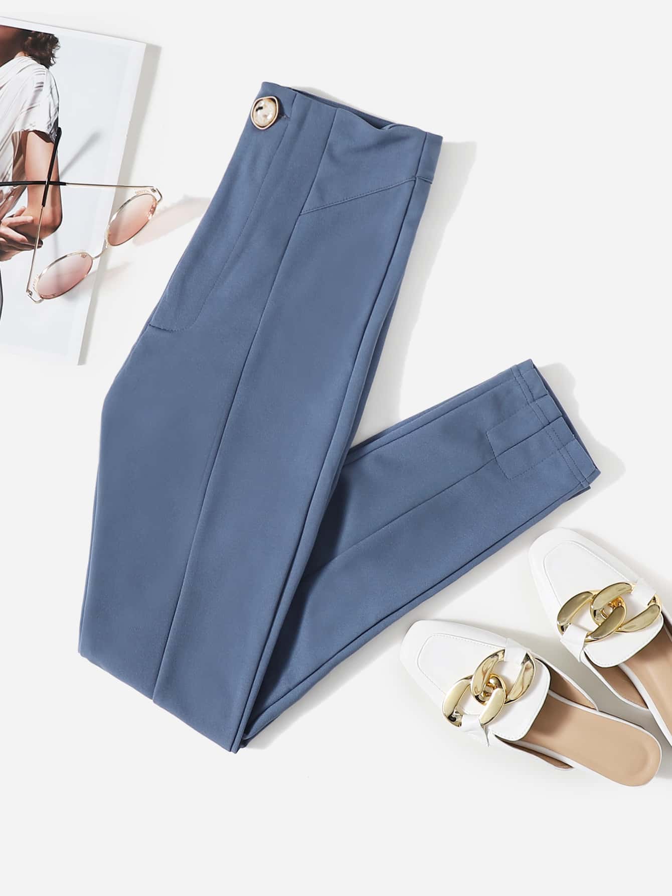 SHEIN LUNE Single Button Split Hem Skinny Pants - Dusty Blue - View 1