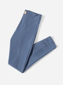 SHEIN LUNE Single Button Split Hem Skinny Pants - Dusty Blue - View 3