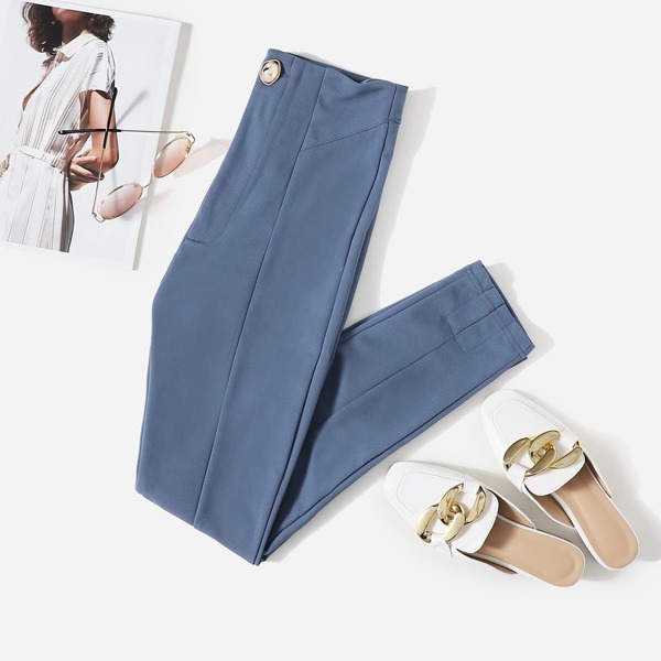

Single Button Split Hem Skinny Pants, Dusty blue