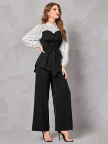 BizChic 立領腰帶褶邊假兩件上衣和褲子工作服 - 黑與白 - 查看 4