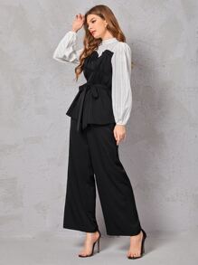 BizChic 立領腰帶褶邊假兩件上衣和褲子工作服 - 黑與白 - 查看 5