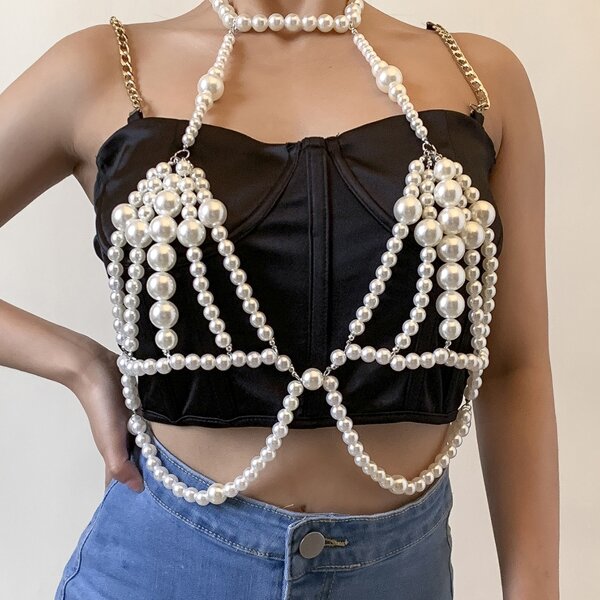

Faux Pearl Decor Body Chain, White