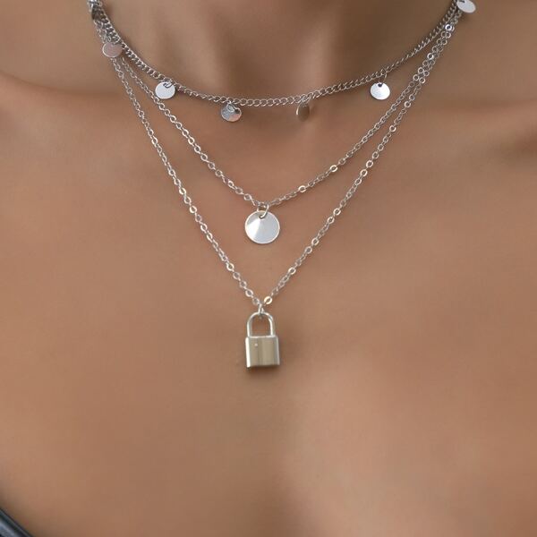 

Lock & Disc Pendant Layered Necklace, Silver