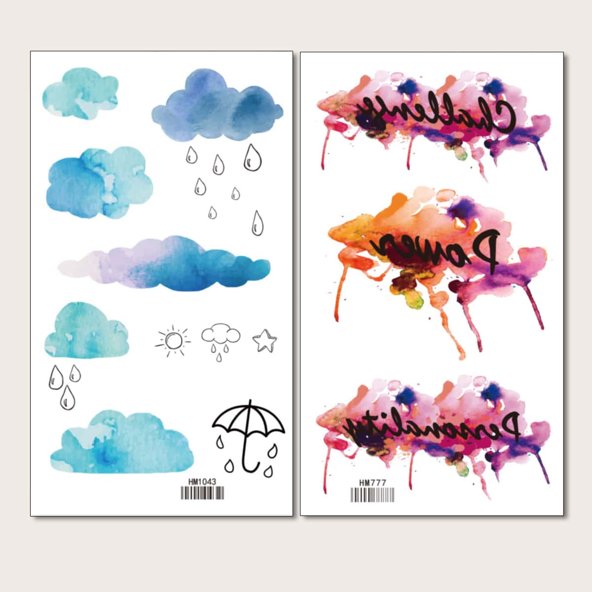 

2sheets Watercolor Pattern Tattoo Sticker, Multicolor
