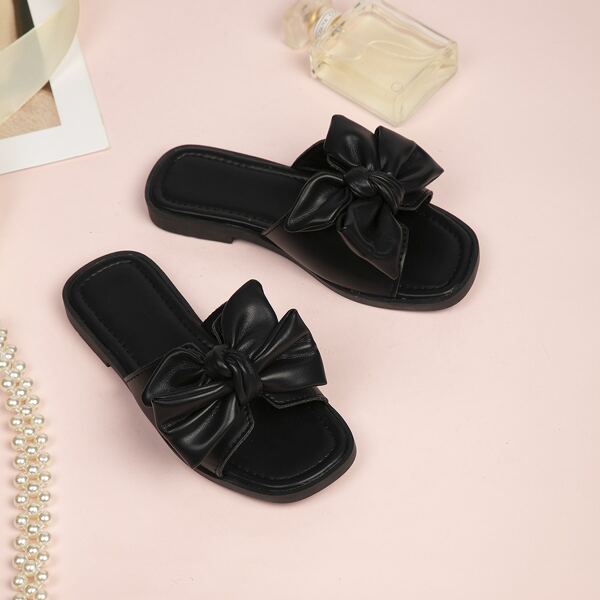 

Girls Minimalist Bow Decor Slippers, Black