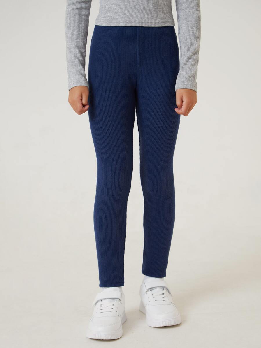 SHEIN Girls Rib-knit Leggings - Navy Blue - View 1