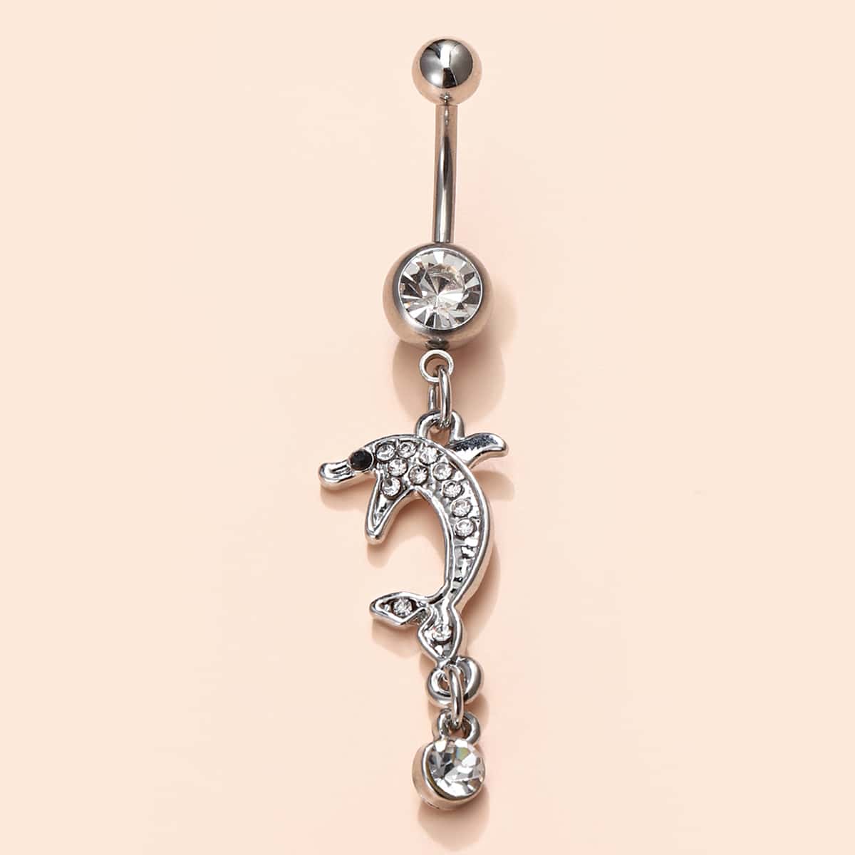 

1pc Rhinestone Decor Belly Ring, Silver
