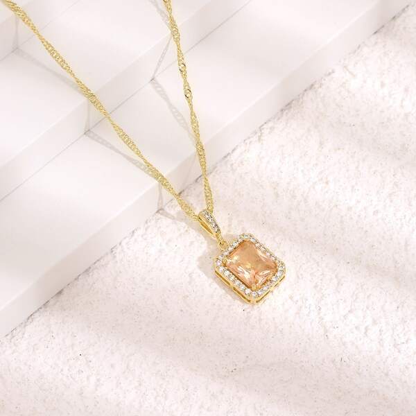 

Zircon Square Charm Necklace, Gold
