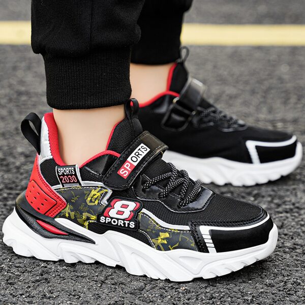 

Boys Fire Graphic Velcro Strap Knit Sneakers, Black