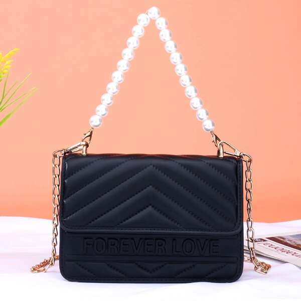 

Faux Pearl Decor Quilted Chain Satchel Bag, Black