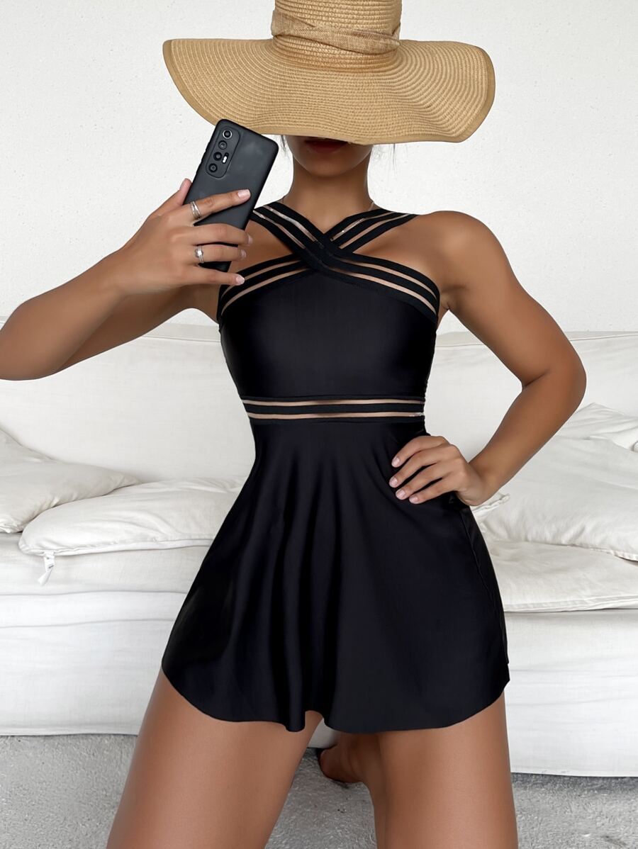 Contrast Mesh Swim Dress With Panty Summer - Black - View 1