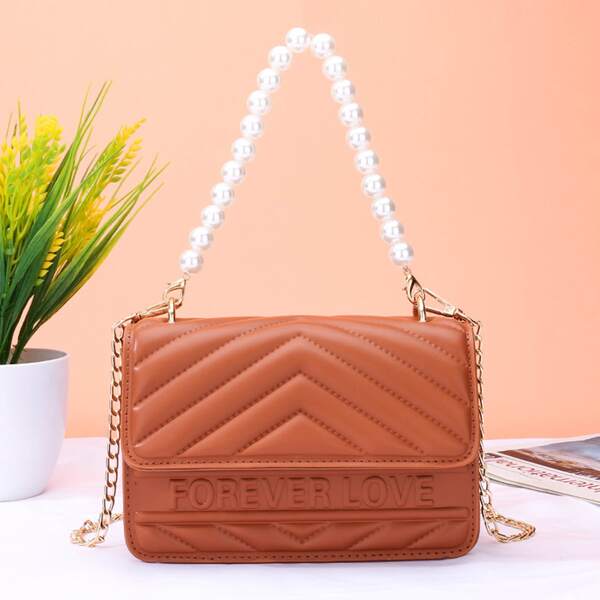 

Faux Pearl Decor Quilted Chain Satchel Bag, Brown