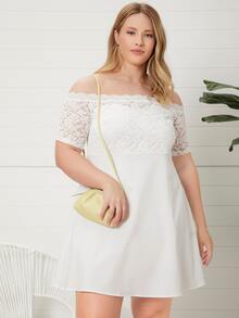 Plus Lace Panel Off Shoulder Dress - White - View 4