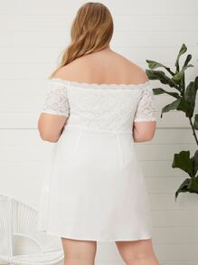 Plus Lace Panel Off Shoulder Dress - White - View 2