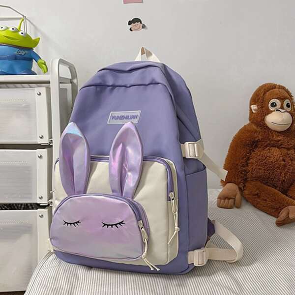 

Cartoon Design Buckle Decor Functional Backpack, Purple