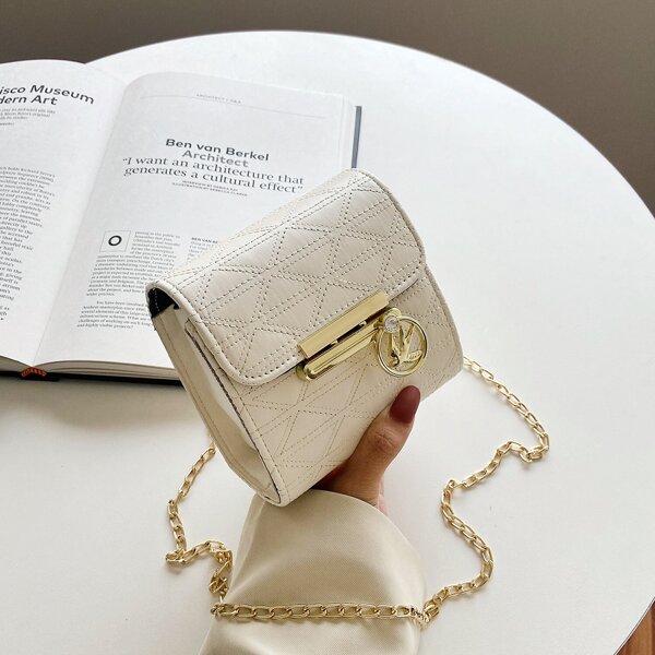 

Quilted Metal Decor Chain Crossbody Bag, Beige