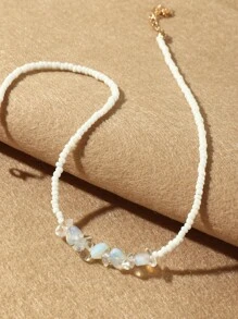 Vòng cổ đính cườm bằng đá trang trí - trắng - Xem 3