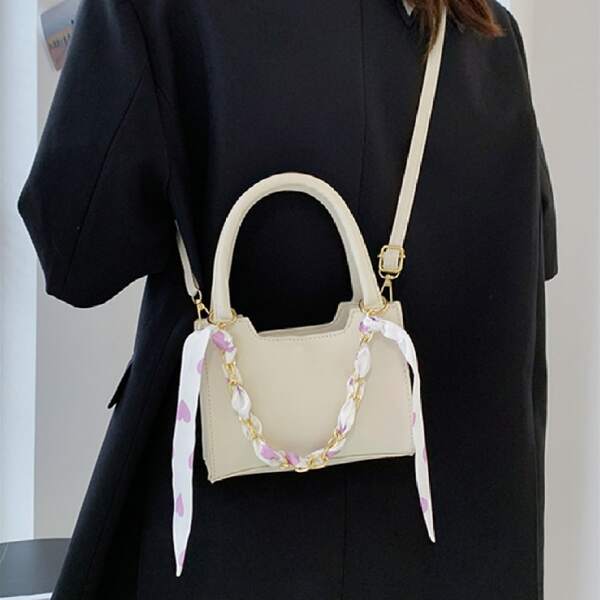 

Scarf Decor Chain Satchel Bag, White