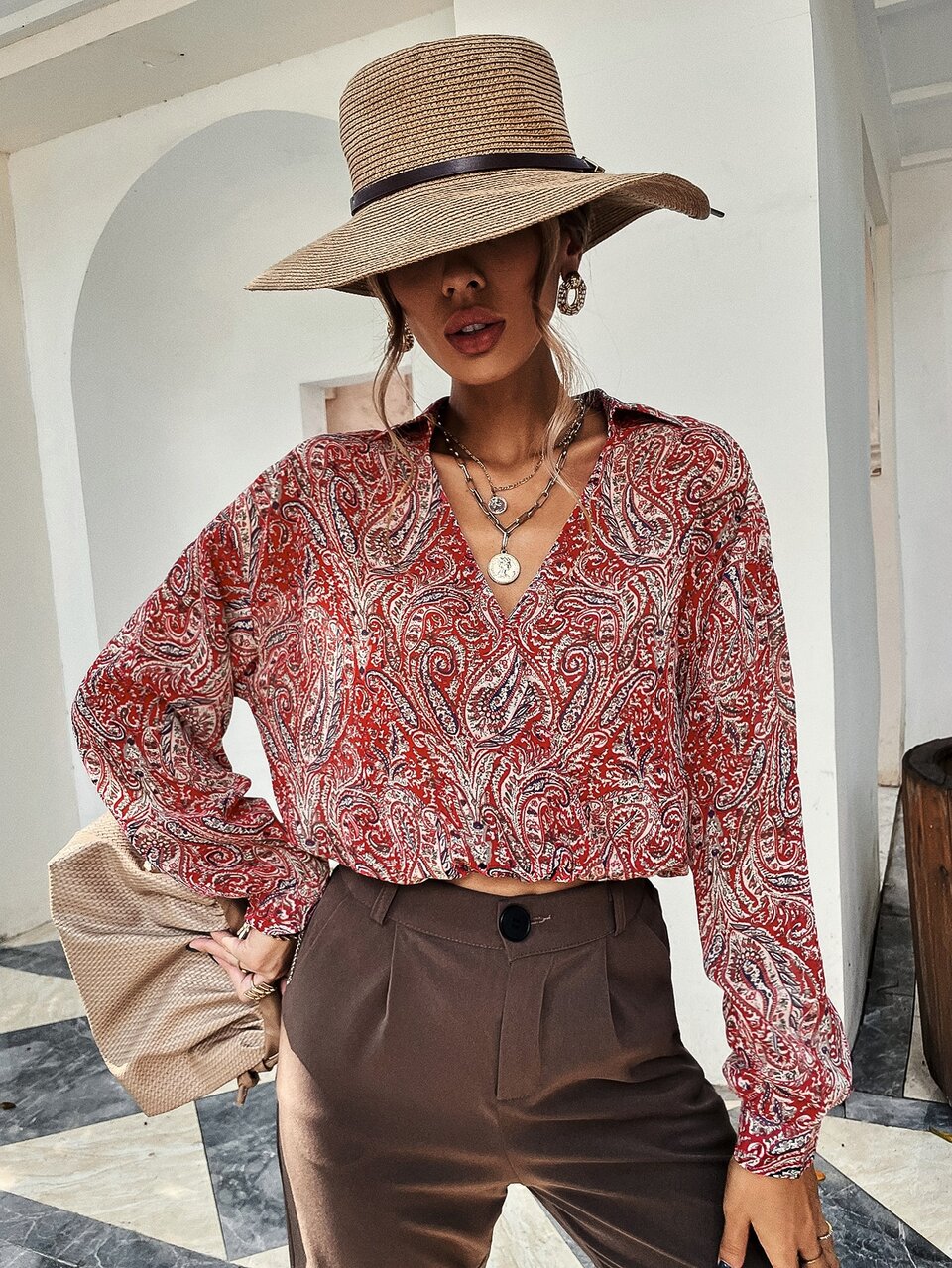 V Neck Paisley Print Shirt